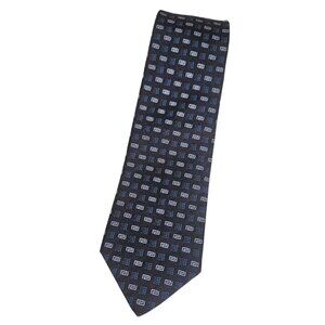 VERSACE Men's 100% Silk Necktie LUXURY Tie Navy Geometric Logo W:3.4" EUC